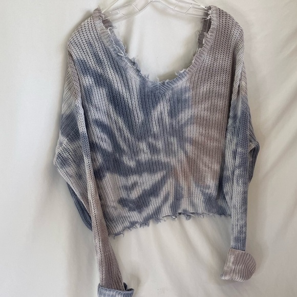 Jessica Simpson Women’s Sweater Tie Dye Waffle  Knit Crop Blue/brown/white Large - Picture 9 of 10